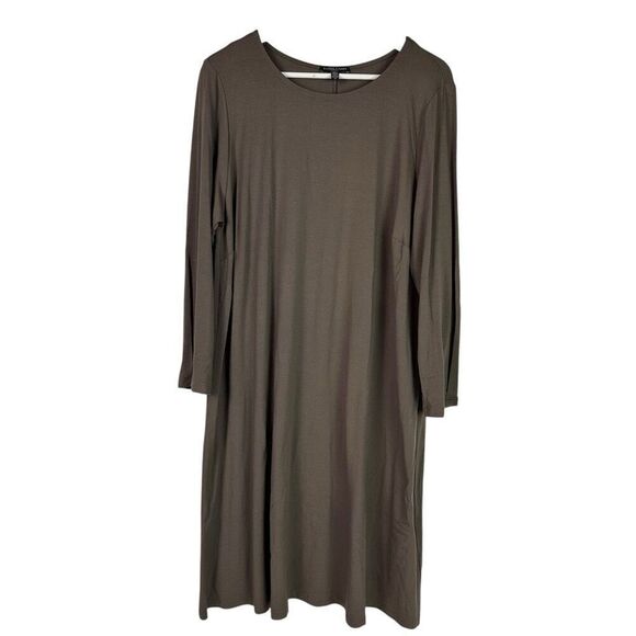 Eileen Fisher 1X Brown Viscose Jersey Shift Dress Long Sleeve - Picture 1 of 7